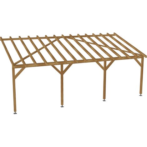 Carport adossé 7x3 - Tuilable pente 30% - Bois massif traité CL3 Marron - Robuste + Vis & pieds de poteaux réglables (1/5)