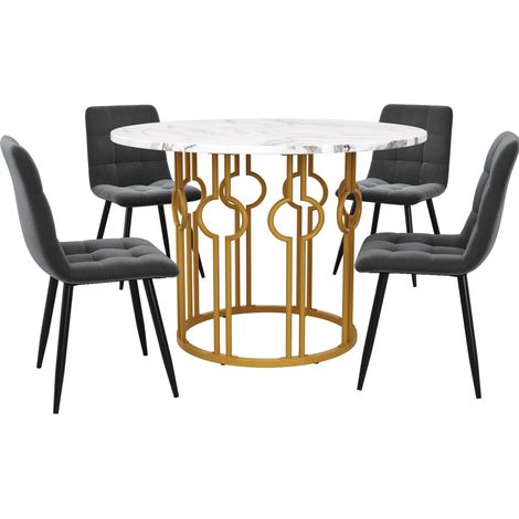 5-teiliges Esszimmer-Set, runder Tisch 100 cm, MDF Weiß/Gold mit 4 Samtstühlen (1/5)