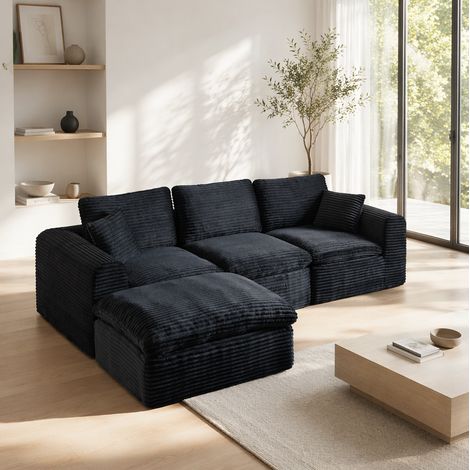 Sofá esquinero modular de 280 cm, 3 en 1, en forma de L o recto, de espuma y muelles, en pana negra (1/5)