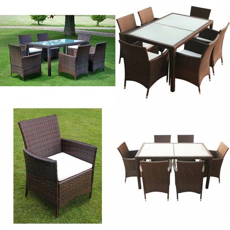 Set da Pranzo da Giardino 7 pz con Cuscini Polyrattan Marrone - Tavolo da pranzo da esterno - Sedie da giardino