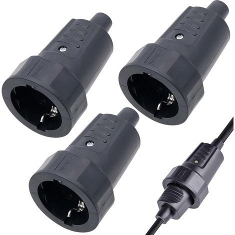 Pack of 3 Schuko Plugs, Rubber, Anti-twist Protection, 250V 16A, Black, Outdoor (1/5)
