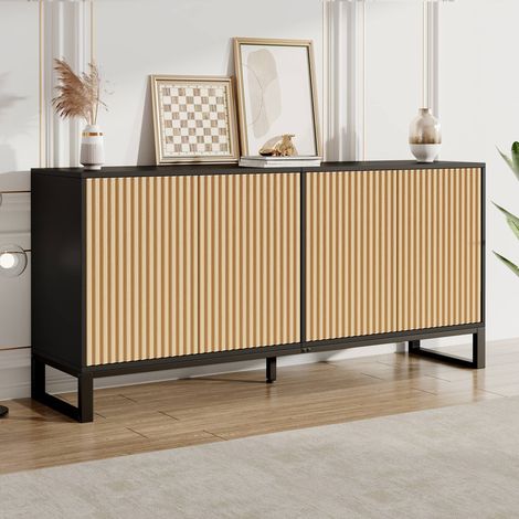 Buffet meuble à chaussures 160 x 40 x 75 cm, 4 portes rainurées et étagères réglables, en MDF, pour entrée et salon, naturel (1/5)