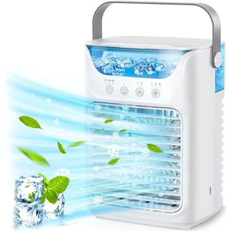 Humidificateur Climatiseur Portable 4 en 1, Ventilateur de Table avec 700ml, Brume Froide 2, 3 Temps Automatique, 7 Couleurs Veilleuse (1/5)