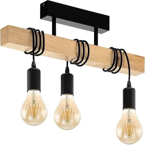 Suspension à trois lumières, bandeau en bois avec douilles E27, lustre rétro industriel en métal noir, luminaire de salon (1/5)