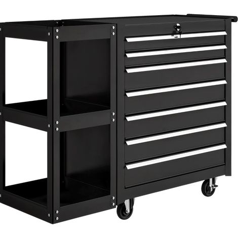 Werkstattwagen mit 7 Schubladen, ausziehbarem Seitenregal, 96 x 33,5 x 75 cm, Schwarz, HOMVRA (1/5)