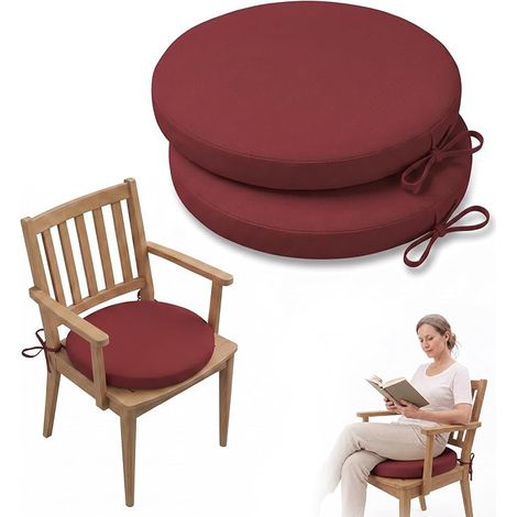 Lot de 2 coussins de chaise ronds imperméables et résistants aux UV - En mousse haute densité - Pour chaise de jardin, balcon, terrasse, salon - 40 x 40 x 5 cm - Rouge (1/5)