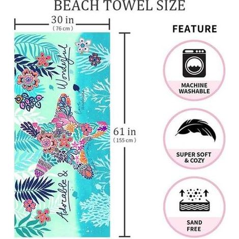 Serviette de plage en microfibre, anti-sable, séchage rapide, légère, serviette de voyage, extra large, joli motif étoile de mer, 76 x 152 cm, serviettes de plage pour enfants, femmes et hommes, servi (1/5)