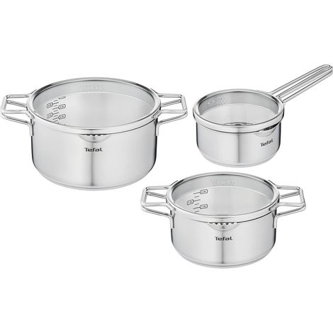 Tefal Nordica Set di 3 Pentole + Coperchi: 2 Pentole da 20/24 cm, Casseruola da 16 cm in acciaio inox, 3 coperchi in vetro, tecnologia Full Induction, minimalista, tutti i tipi di fornelli, adatto al (1/5)
