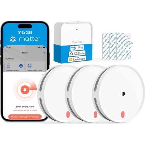 Détecteur de Fumée Connecté Matter - Système d'Alarme Incendie Intelligent avec Hub (Lot de 3) (1/5)