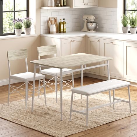 Ensemble Table Salle à Manger avec 2 Chaises et Banc, Assises Rembourrées, pour Salon, Petit Espace, Chêne et Blanc (1/5)