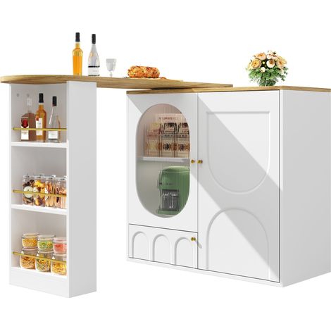 Tavolo da Bar Girevole 360° 138x39x102 cm, con 3 Ante e Spazio Archiviazione, Ripiani e Divisori Rimovibili, MDF, Bianco
