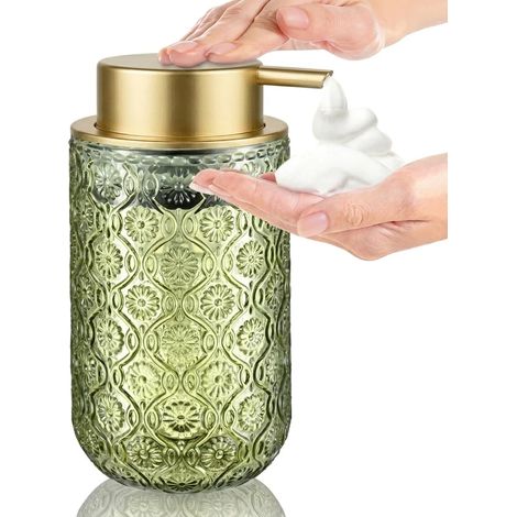 Distributeur de savon moussant en verre gaufré style vintage (Or - 400 ml) - Pompe noire mate - Convient pour le savon des mains dans la salle de bain et la cuisine (1/5)