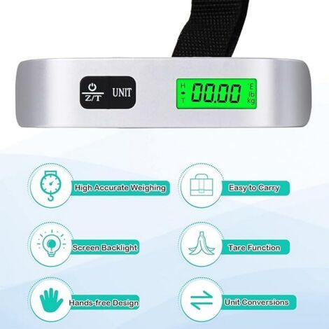 Balance électronique pour bagages, balance de voyage portable, avec mesure de température et fonction tare, poids maximal 50 kg/110 lbs, un indispensable pour les voyages. (1/3)