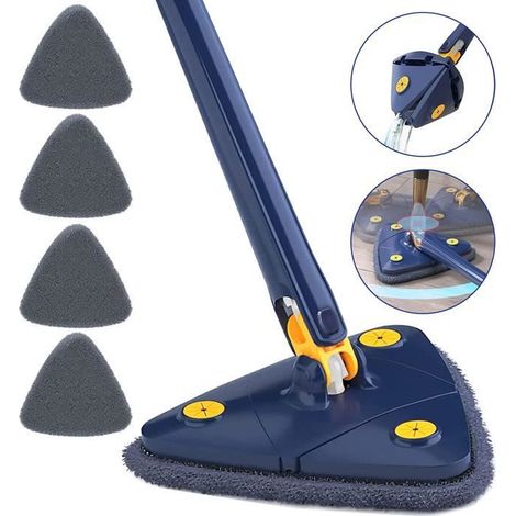 Vadrouille De Nettoyage Triangulaire Rotatif à 360° Réglable Auto-comprimante Pliable Télescopique Avec 4 Chiffon Balai De Nettoyage (1/3)