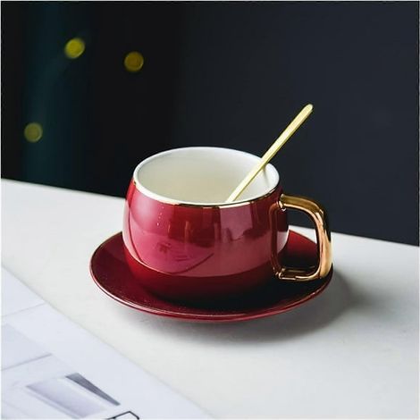 Coffee Cup,Tea Cup and Saucers Modern Design Porcelain Coffee Cup And Saucer Ceramics Simple Mug Light Luxury Espresso Drinkware For Tea (Color : Red) (1/5)