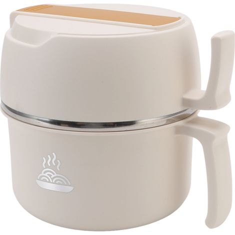 Bol à nouilles en acier inoxydable, boîte à lunch double compartiment, bol à ramen avec couvercle et poignée, fourchette et cuillère incluses, beige, idéal pour les employés de bureau et les étudiants (1/5)