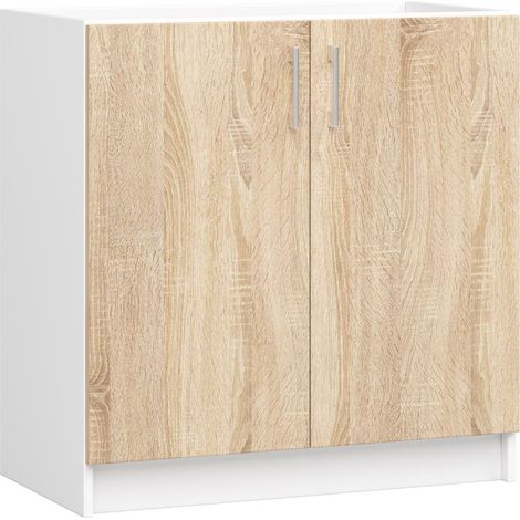Akord – Armoire de cuisine basse pour évier LIMA – Blanc 80 cm – 2 portes chêne sonoma – Panneau stratifié – 1 étagère 80x44,5x82 cm (1/5)