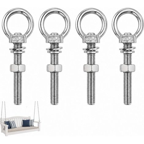 4pcs Anneau De Levage M10 Crochet M10 Crochet À Œil Acier Inoxydable 304 Charge Lourde Fixation Suspension Hamac Chaise Balançoire Boulon À Œil (Vis à œillet machine – M10 x 100 mm) (1/5)