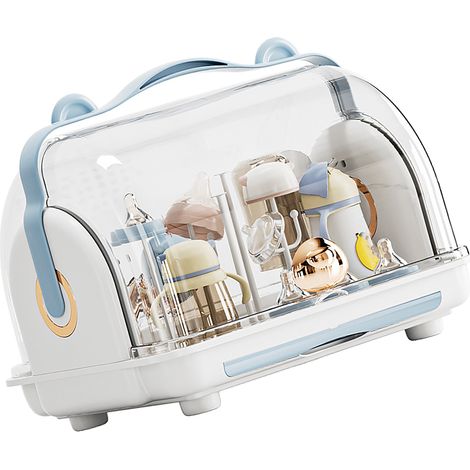 Boîte rangement biberons avec couvercle anti-poussière égouttoir meuble plastique organisateur pour vaisselle bébé bleu (1/5)