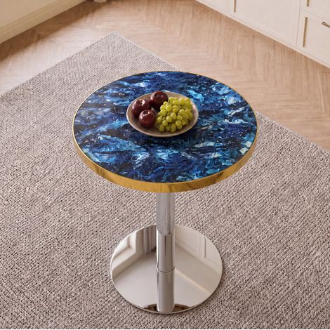 Table basse ronde 60 cm, plateau effet marbre bleu, bord doré, structure en métal DESVIAE (1/5)