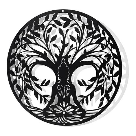 Décoration Murale en Métal Arbre de Vie et Yoga, Noir Tenture Décor Silhouette Mur Art pour la Maison Chambre Salon Salle de Bains Cuisine Bureau Hôtel Décoration Murale, 30x30 cm