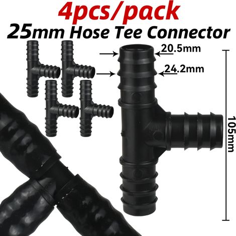 (Té 25 mm - 4 pièces) 4 raccords cannelés en T, coudes et bouchons pour tuyau d'arrosage goutte à goutte PE (16 mm, 20 mm et 25 mm) - Compatibles avec tuyaux d'arrosage de jardin (1/2" et 3/4"). (1/5)