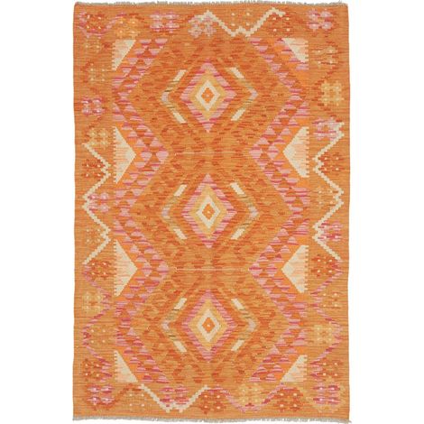 Tapis d'orient 101 x 153 cm, motif ethnique, orange, crème et rose, en laine naturelle, tissé à plat artisanal (1/5)