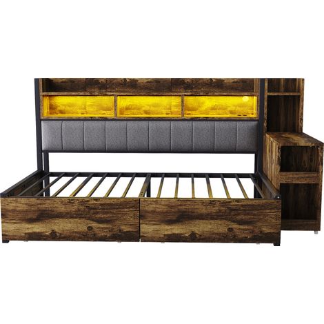 Multifunktions-Einzelbett 90 x 200 cm aus Metall und Holz, mit Stauraum, Schreibtisch und LED (1/5)