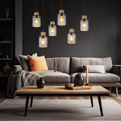 Pendellampe schwarz Esstischleuchte 4 flammig Rauchglas Hängeleuchte Holz Höhenverstellbar, Metall, 6x E27 Fassungen, LxBxH 62x18x120 cm