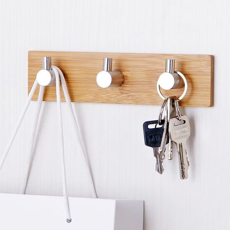 3 Hooks Adhesive Hook, Wall Hooks for Bathroom Towel Holder Hooks Kitchen Bedroom Stick Hook, Bamboo (1/5)