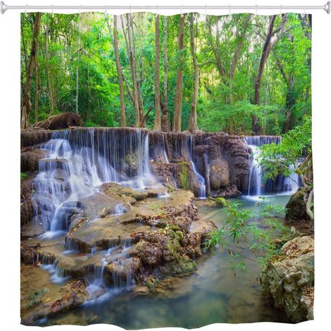 Forêt Verte Arbres Cascade De Montagne À Kanchanaburi Thaïlande Paysage De La Nature Imperméable Long Rideau De Douche en Tissu Polyester Épaisses avec Crochets 180x180 cm / 72x72 (1/3)