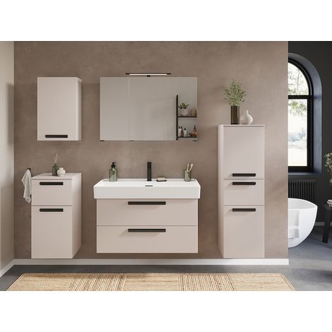 Badmöbel Komplett Set in kaschmir, Waschtisch 100 cm Breite und Spiegelschrank mit Beleuchtung - ATELLA-03 (1/5)