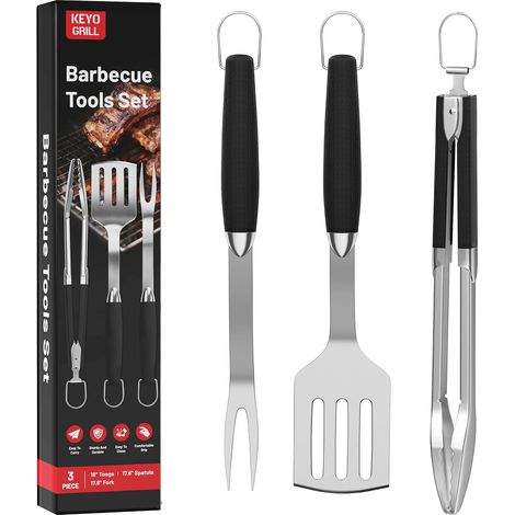 3PCS Compact Outils Barbecue Poignées Isolées, Lavable Lave-Vaisselle 304 Ensemble Cadeau Barbecue en Acier Inoxydable avec Pinces, spatules et fourchettes à barbecue, Cadeau Surprise pour Hommes (1/5)