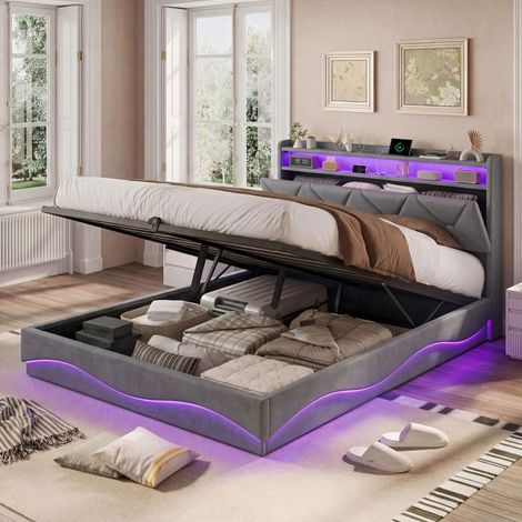 Cama Cofre 160 x 200 con Somier, cama de 2 plazas con USB y LED, cama 160x200 con Lamas, Cama Tapizada Doble Gris