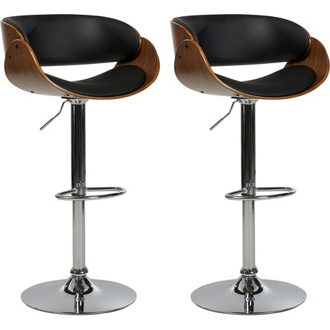 Conjunto de 2 sillas de bar giratorias de piel sintética reposapiés respaldo ajustable negro madera oscura Baku