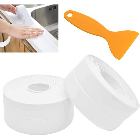 2 Rolls of Self Adhesive Sealing Tape, 3.2 m x 2.2 cm, Waterproof Shower Tape, Soft PVC Skirting Board with Installation Tool for Kitchen, Bathroom, Toilet (White) (1/5)