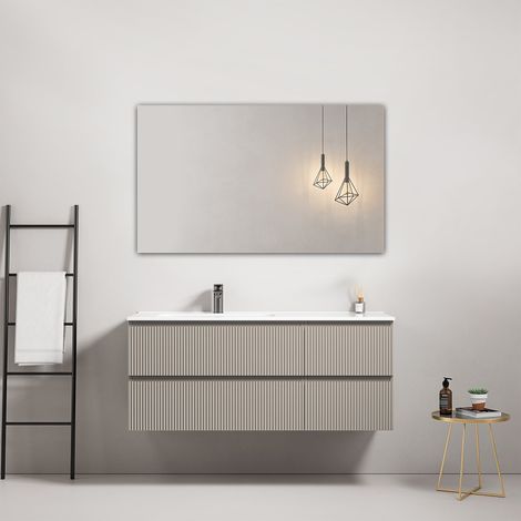 Mobile bagno sospeso cannettato 120 cm Grigio Cenere Lavabo a Sinistra in Ceramica Specchio Quadro - Fiji Paint (1/4)
