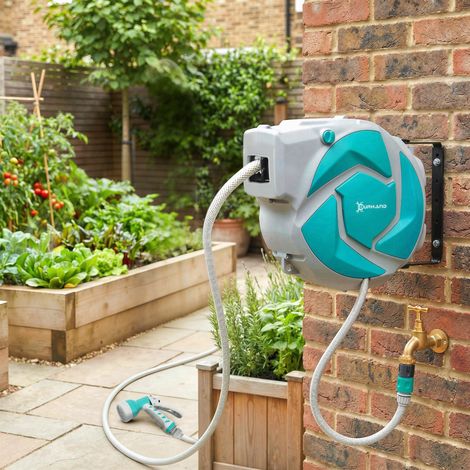 Enrouleur Tuyau Arrosage Mural Automatique 10 + 1 m, Pivotant 180°, Buse à 7 Modes, pour Jardin, 28x14x34cm, Vert (1/5)