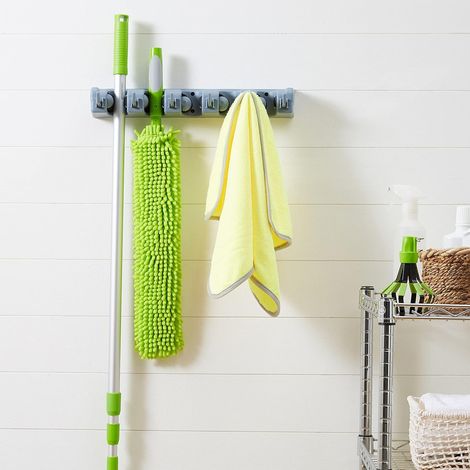 Rectangulaire Support mural pour balais et outils - jardinorganisateur - fournitures de nettoyage pour buanderie - cuisine abri de jardin garage - 6 crochets et 5 emplacements - gris (1/5)