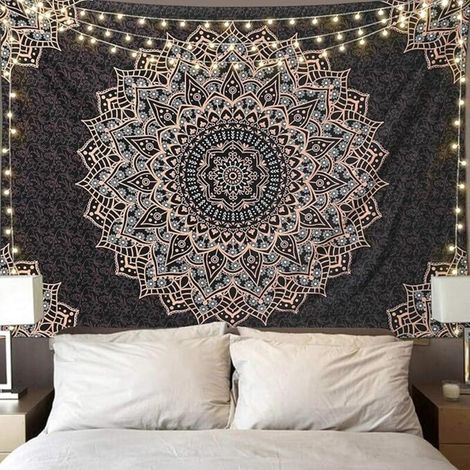 Tapisserie murale mandala noire à suspendre, esthétique psychédélique, hippie indien, décoration murale bohème, décoration d'intérieur pour chambre à coucher, salon(150 x 130 cm) (1/5)