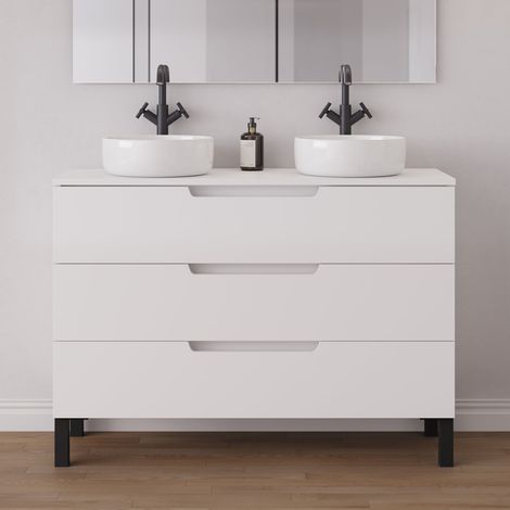 Meuble de salle de bain 120cm avec plateau et 2 vasques à poser rondes - 3 tiroirs - sans miroir - blanc mat - RIZA (1/5)