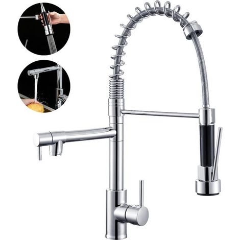 Robinet mitigeur de cuisine avec douchette extractible, robinet de cuisine chromé, robinet en laiton, robinet d'évier double (1/5)