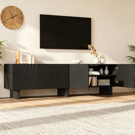 Meuble TV 180x40x55 cm noir en panneaux de particules avec 4 portes structurées (1/5)