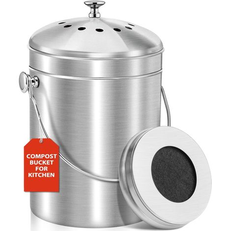 Seau à compost pour comptoir de cuisine, poubelle à compost en acier inoxydable de 5 litres avec couvercle, seau à déchets alimentaires inodore avec filtre à charbon, seau à compost pour cuisine