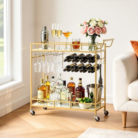 Desserte Bar, Chariot de Service à 2 Niveaux, pour Rangement Vins Ustensiles Cuisine Salon, Bar Roulant avec Plateau en Verre Miroir, Range-bouteilles et Porte-verres, Chariot à Boissons Doré (1/5)