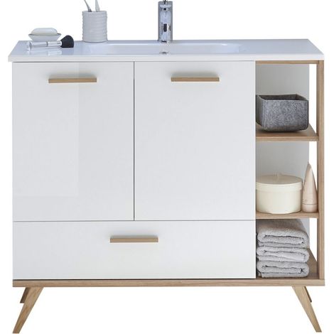Badezimmer Waschtisch MALANJE-66 Unterschrank und Waschbecken, in weiß glänzend & Riviera Eiche quer Nb. - B/H/T: 101/89,5/46cm (1/5)