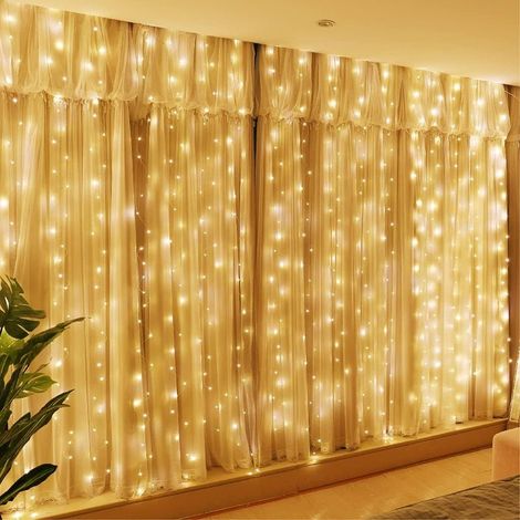 3 x 3 m Lichtervorhang, 300 LEDs, für den Innen- und Außenbereich, 8 Modi, EU-Stecker, IP44 wasserdicht, LED-Lichtervorhang für Valentinstag, Partys (Warmweiß) (1/5)