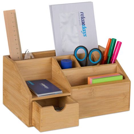 Relaxdays Büro-Organizer, 6 offene Fächer, Schublade, Bambus, H x B x T: ca. 11 x 24,5 x 15 cm, Natur (1/5)