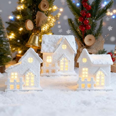 Weihnachtsdorf mit Beleuchtung Timer Weihnachtsdeko Holz 3 Stück, Lichthaus Holzhaus Weiss Weihnachtsbaumdorf Weihnachtshaus Beleuchtet, Weihnachtsstadt Häuser, Weiß (B, Mit Timing) (1/5)