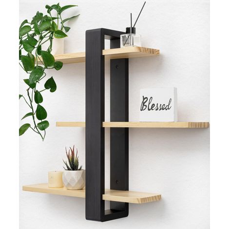 Étagère Murale Réglable 3 Niveaux Noire et Bois, 50 x 58 cm Étagère flottante en bois massif longue, tablettes amovibles, pour plantes et photos, salon, chambre, bureau et salle de bain (1/5)